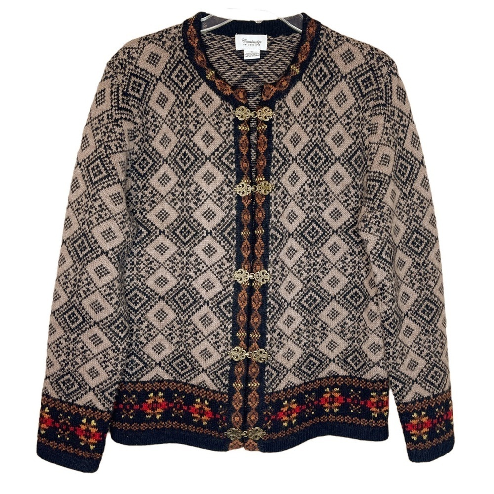 Cambridge Dry Good 100% Wool Nordic Print Winter Cardigan Women's Small - Picture 1 of 9